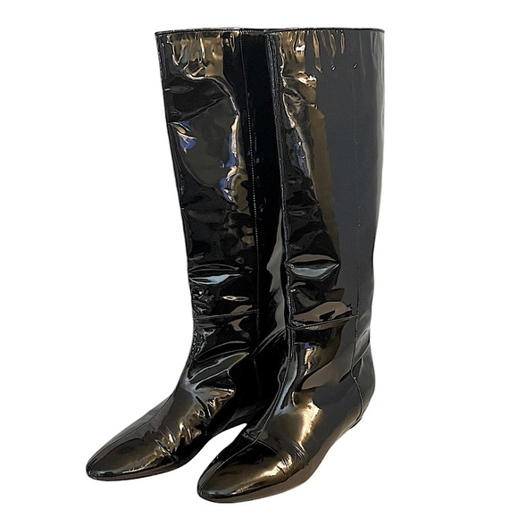 Loeffler Randall Matilde Black Patent Leather Knee Boots Pull On Slight Wedge 9 - Picture 1 of 16